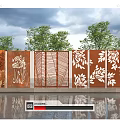 Rust Colored Carved Feature Wall With Natural Plant Patterns Trees And Water Reflections 3d model