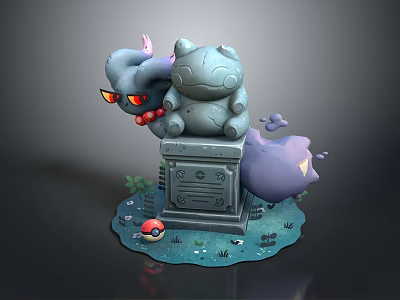3D Model Commercial Equipment Featuring Gray Cat Statue Purple Ghost Red Eyes and Elf Ball 3d model