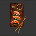Fresh Sushi Slices on Wooden Board with Chopsticks and Soy Sauce Garnished
