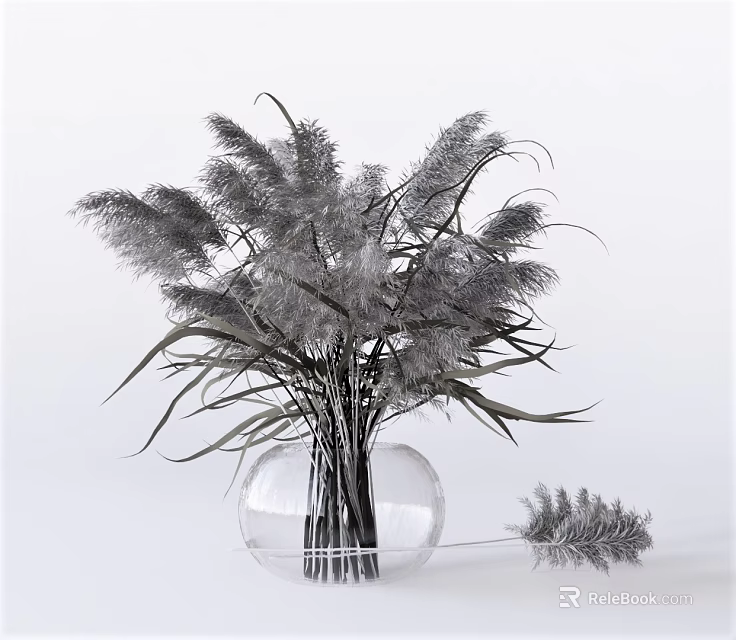 Transparent Glass Vase With Modern Gray Pampas Grass Flower Arrangement 3d model 