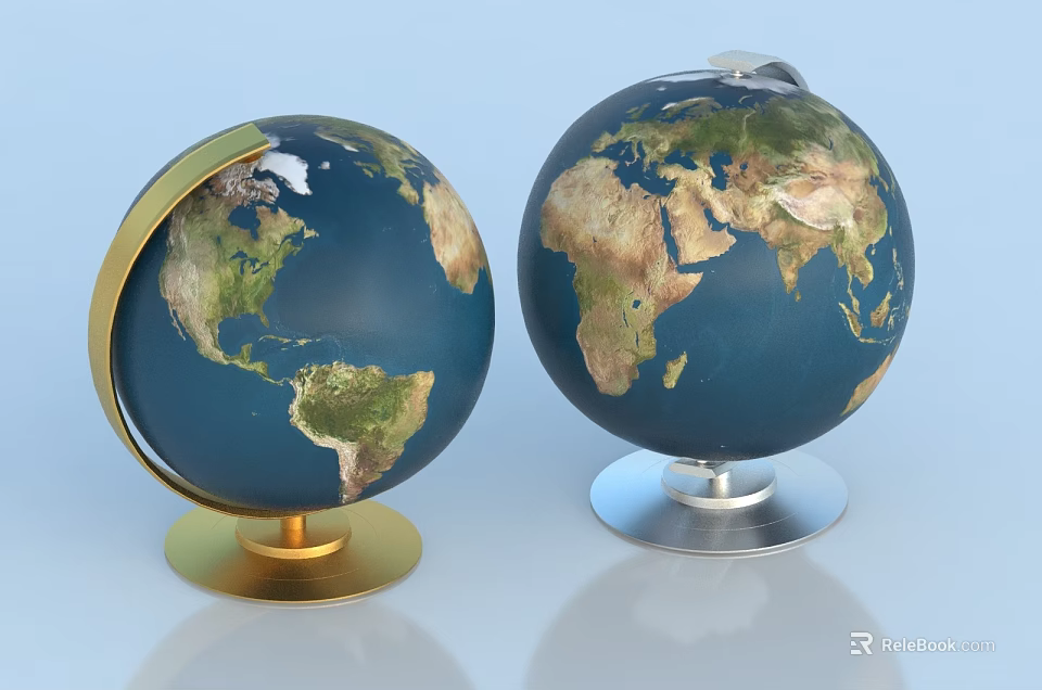 Decorative Globe Ornament Set With Gold And Silver Bases Blue Earth Design 3d model 