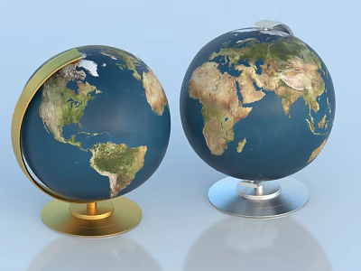 Decorative Globe Ornament Set With Gold And Silver Bases Blue Earth Design 3d model