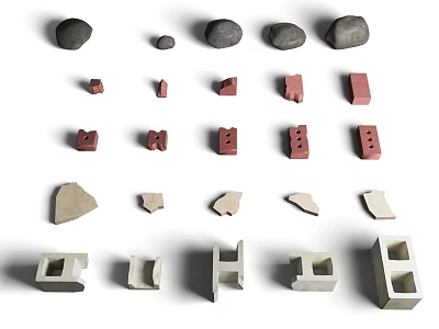 Various Natural Stone Pieces And Wood Components In Different Shapes And Colors 3d model