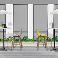 Modern Lounge Area With Blue Sofa Gray Ottomans Projector Screen Yellow Chairs And Plants