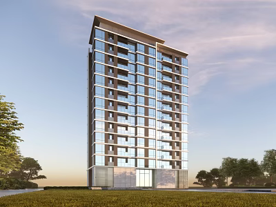 Modern High Rise Building Featuring Glass Curtain Walls Balconies Green Lawn Trees And Cloudy Sky 3d model