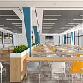 Dining Hall Interior Featuring Food Serving Counters Tables Chairs Blue Pillars White Ceiling Gray Floor 3d model