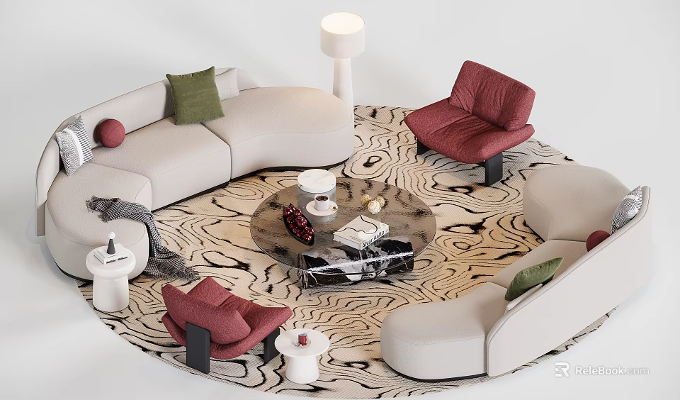 Beige Sofa And Coffee Table Set With Red Accent Chairs Green Pillows And Patterned Rug 3d model