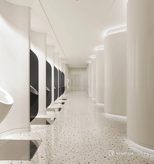 Modern Public Restroom Interior With White Columns Black Panel Urinals Terrazzo Floor And Lighting 3d model 