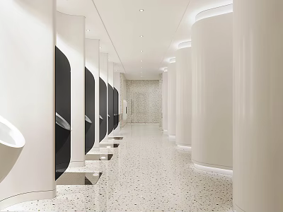 Modern Public Restroom Interior With White Columns Black Panel Urinals Terrazzo Floor And Lighting 3d model