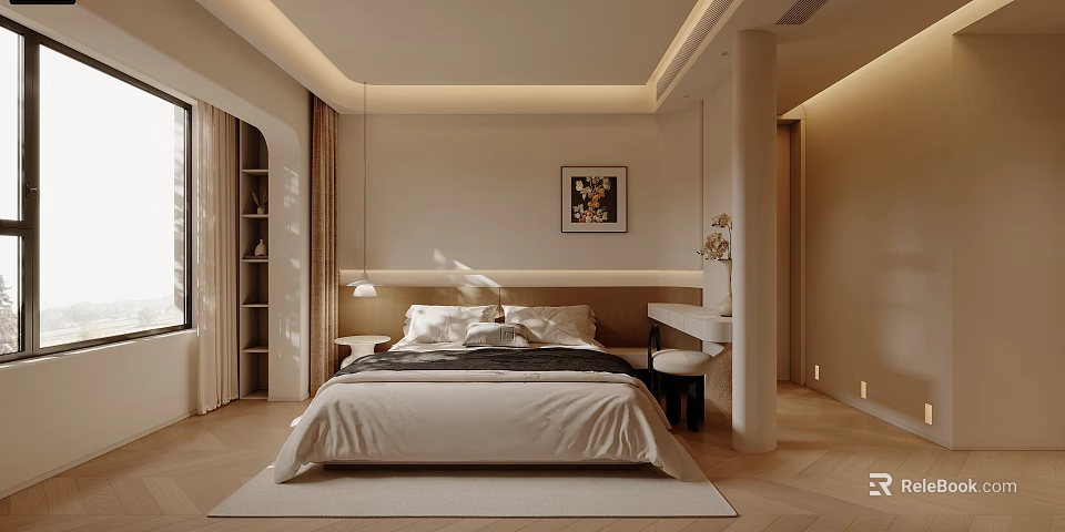 Modern Minimalist Warm Cream Bedroom With Comfortable Sofa And Matching Natural Wood Coffee Table Set 3d model 