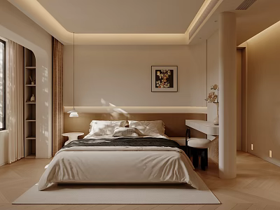 Modern Minimalist Warm Cream Bedroom With Comfortable Sofa And Matching Natural Wood Coffee Table Set 3d model
