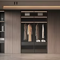 Modern Dark Wood Wardrobe Interior With Open Hanging Area Long Clothes And Drawers