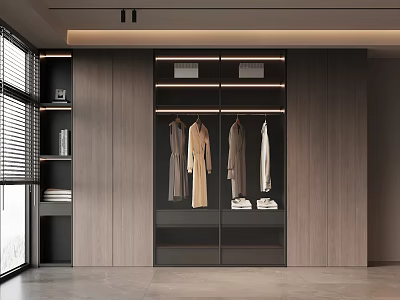 Modern Dark Wood Wardrobe Interior With Open Hanging Area Long Clothes And Drawers 3d model
