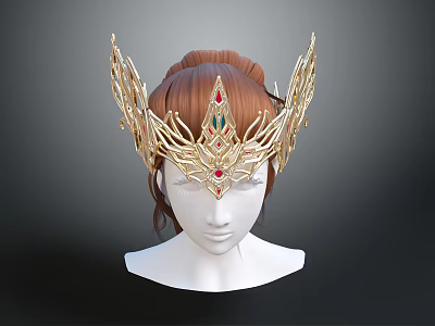 Ornate Golden Tiara With Red And Green Gems Intricate Wing Like Design 3d model