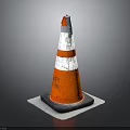 Orange And White Striped Traffic Cone With Black Base And Worn Texture On Gray Background