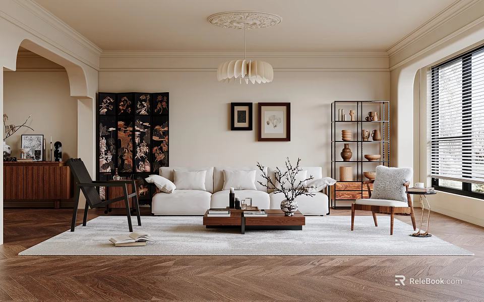 Elegant Living Room Interior Design With White Sofa Coffee Table And Framed Paintings 3d model