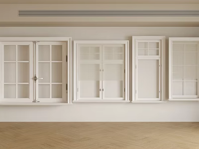 White Casement Windows With Different Designs In Modern Interior Wooden Floor 3d model