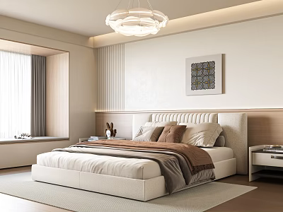Modern Bedroom Interior Design With Upholstered Bed Nightstand Chandelier And Decorative Art 3d model