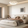 Modern Bedroom Interior Design With Upholstered Bed Nightstand Chandelier And Decorative Art