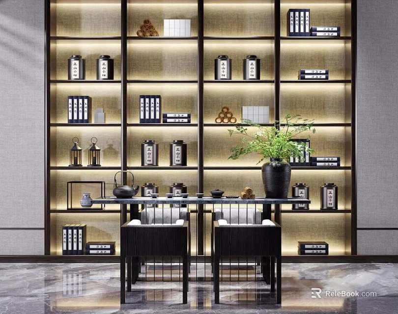 Traditional Chinese Tea Table And Chairs In Interior With Bookshelves And Decorative Ornaments 3d model 