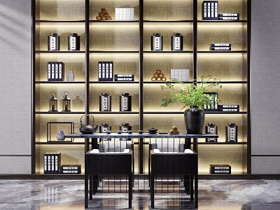 Traditional Chinese Tea Table And Chairs In Interior With Bookshelves And Decorative Ornaments 3d model