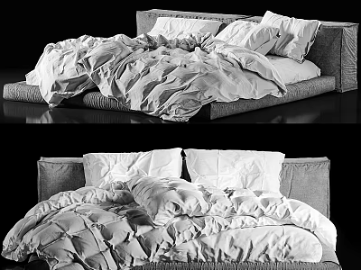 Modern Style Double Bed With Upholstered Headboard White Sheets And Fluffy Comforter 3d model