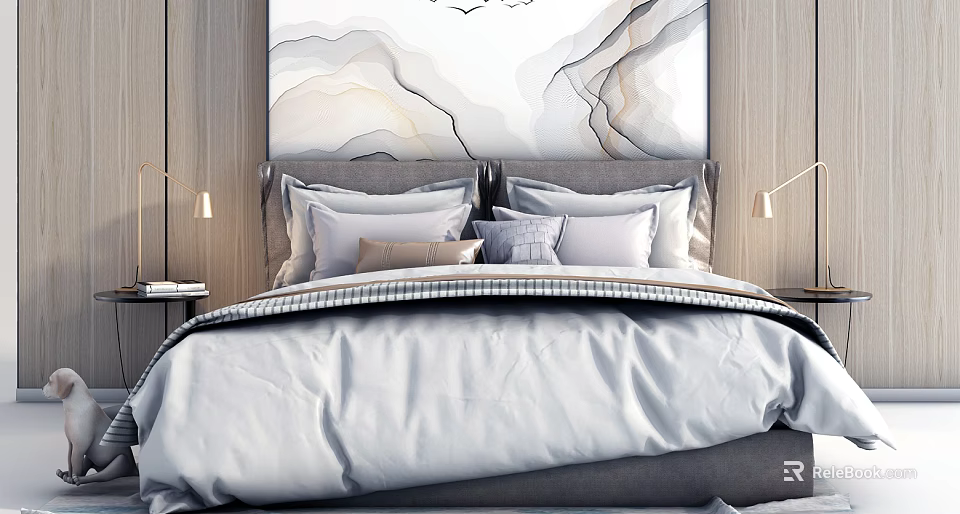 Modern Bedroom Interior With Double Bed Soft Pillows Plush Bedspread And Wall Art 3d model 
