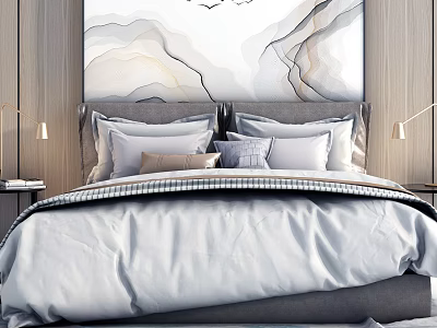 Modern Bedroom Interior With Double Bed Soft Pillows Plush Bedspread And Wall Art 3d model