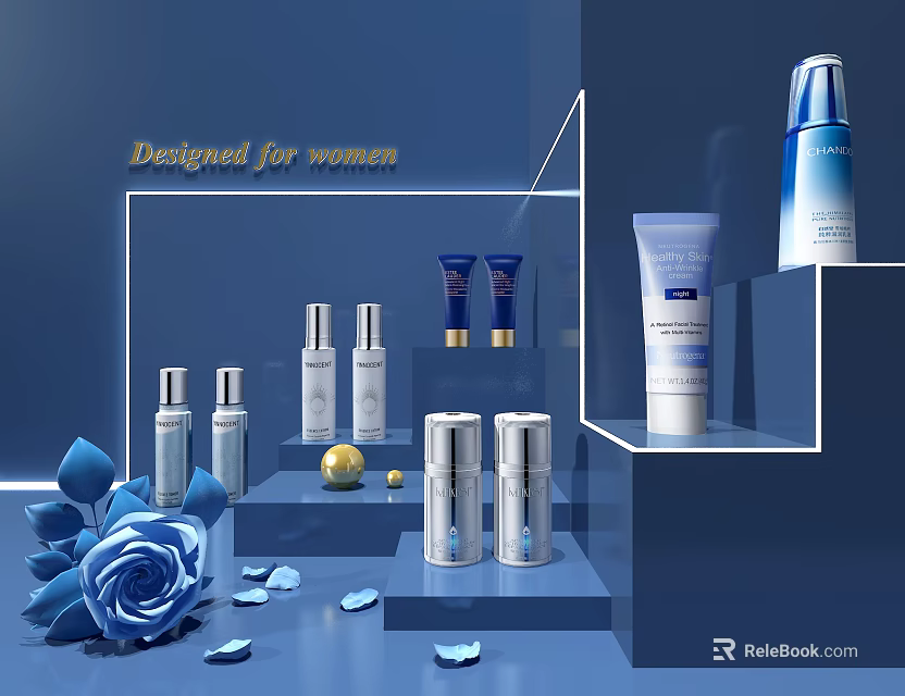 Elegant Women Perfume Cosmetics Display With Blue Rose And Skincare Bottles 3d model 
