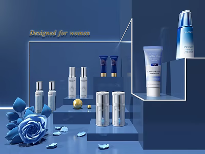 Elegant Women Perfume Cosmetics Display With Blue Rose And Skincare Bottles 3d model