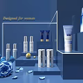 Elegant Women Perfume Cosmetics Display With Blue Rose And Skincare Bottles