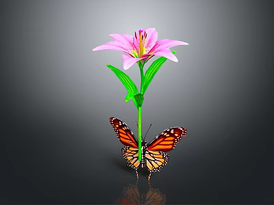Monarch Butterfly Perched On Pink Lily With Green Stem And Leaves Against Dark Background 3d model