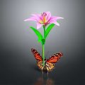 Monarch Butterfly Perched On Pink Lily With Green Stem And Leaves Against Dark Background