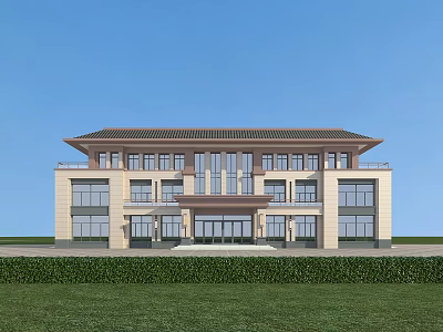 Traditional Roof Modern Office Building Exterior Large Windows And Grass Lawn Front 3d model