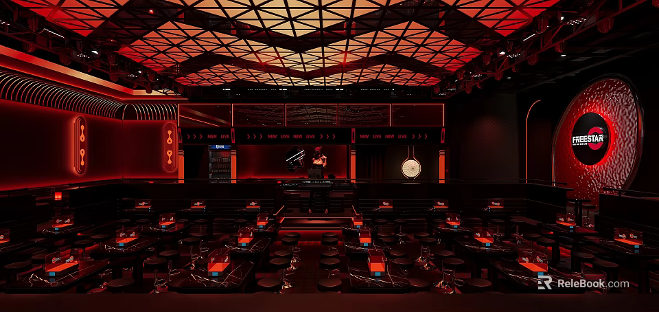 Stylish Red Lit Bar Interior Featuring Geometric Ceiling Stage And Tables 3d model