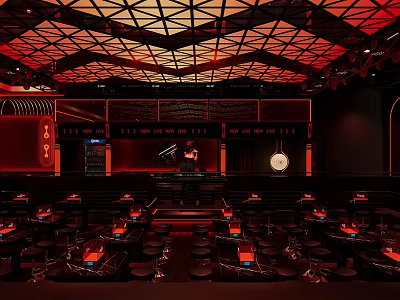 Stylish Red Lit Bar Interior Featuring Geometric Ceiling Stage And Tables 3d model