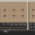 Modern Light Brown Wooden Lockers With Secure Compartments In Changing Room With Bench And Shoes