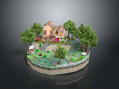 Scenic Landscape With House Trees Flowers Steps And White Fence In Circular Area 3d model