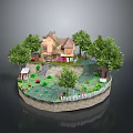 Scenic Landscape With House Trees Flowers Steps And White Fence In Circular Area