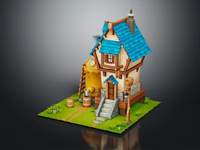 Cute Whimsical Small House With Blue Roof Yellow Walls Chimney Stone Stairs And Grass Path 3d model