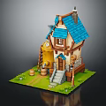 Cute Whimsical Small House With Blue Roof Yellow Walls Chimney Stone Stairs And Grass Path
