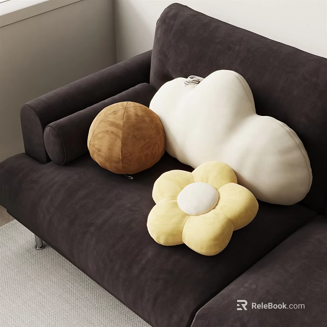 Soft Decorative Pillows In Cloud Flower And Round Shapes On Brown Sofa 3d model 