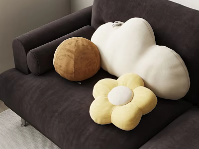 Soft Decorative Pillows In Cloud Flower And Round Shapes On Brown Sofa 3d model