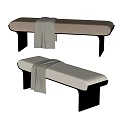 Modern Beige and Brown Upholstered Sofa Bench with Black Metal Legs and Knitted Throw Blanket