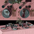 Elegant Dinnerware Set On Pink Tablecloth With Plates Glasses Cutlery And Green Plants
