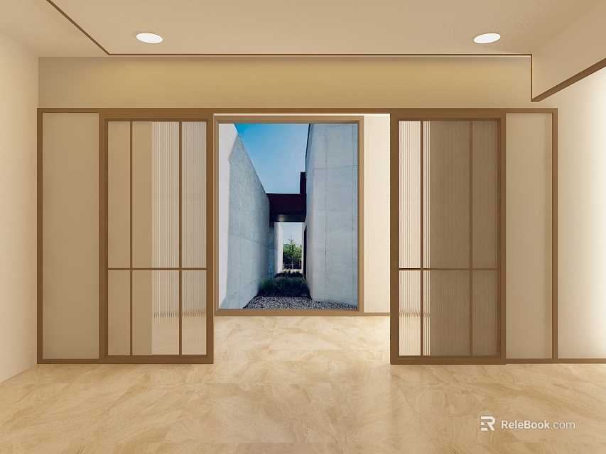 Modern Interior Sliding Glass Doors Connecting Indoor Outdoor Patio With Greenery 3d model 