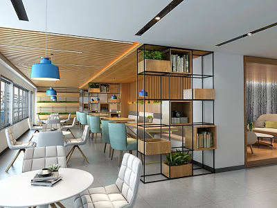 Modern Café Interior With Wooden Ceiling Blue Pendant Lights Metal Frame Bookshelves And Round Tables 3d model