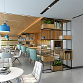 Modern Café Interior With Wooden Ceiling Blue Pendant Lights Metal Frame Bookshelves And Round Tables
