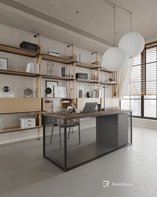 Modern Home Office Interior With Built in Bookshelves Metal Desk And Pendant Lights 3d model 