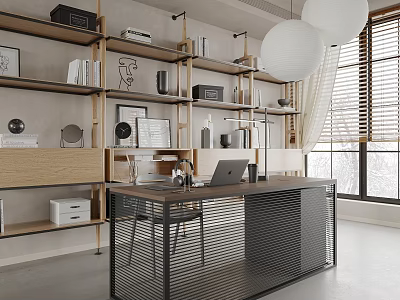 Modern Home Office Interior With Built in Bookshelves Metal Desk And Pendant Lights 3d model
